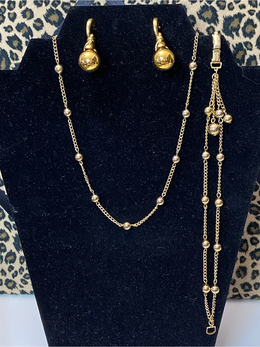 Vintage Coro Gold Tone Ball Bead Necklace & Bracelet + Avon Convertible Earrings